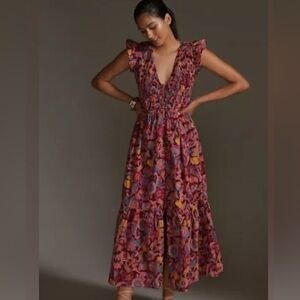 Anthropologie Red and Pink Midi Dress